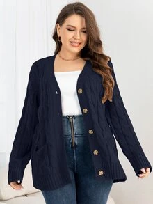 DEARCASE Cárdigan de punto grueso con bolsillos dobles, para el invierno - Azul Marino - Ver 3