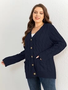 DEARCASE Cárdigan de punto grueso con bolsillos dobles, para el invierno - Azul Marino - Ver 4