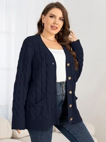 DEARCASE Cárdigan de punto grueso con bolsillos dobles, para el invierno - Azul Marino - Ver 5