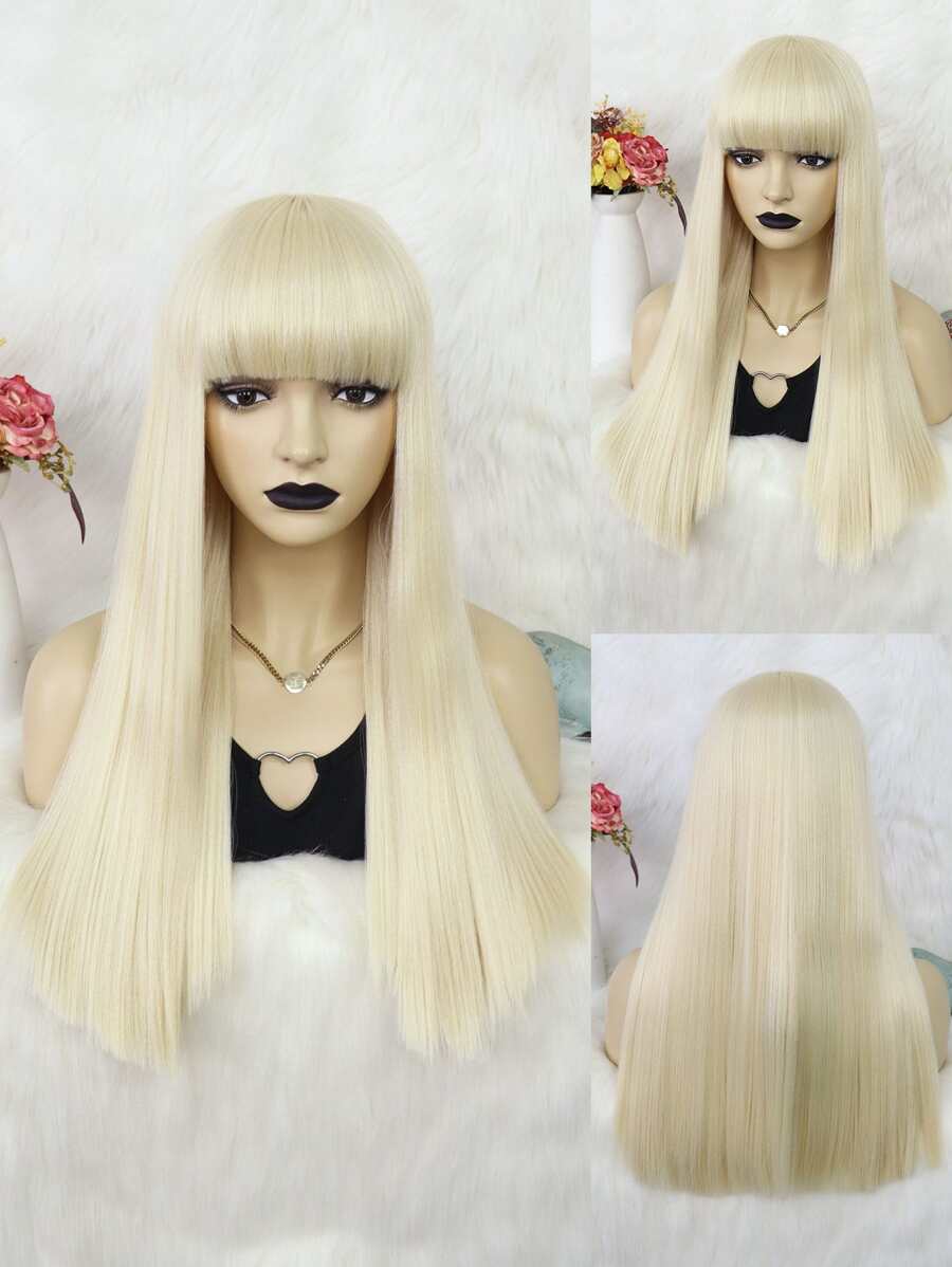 1pc Long Straight Synthetic Wig With Bangs & 1pc Wig Cap - Gold - View 1