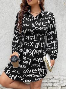 SHEIN LUNE 大碼字母圖案襯衫洋裝