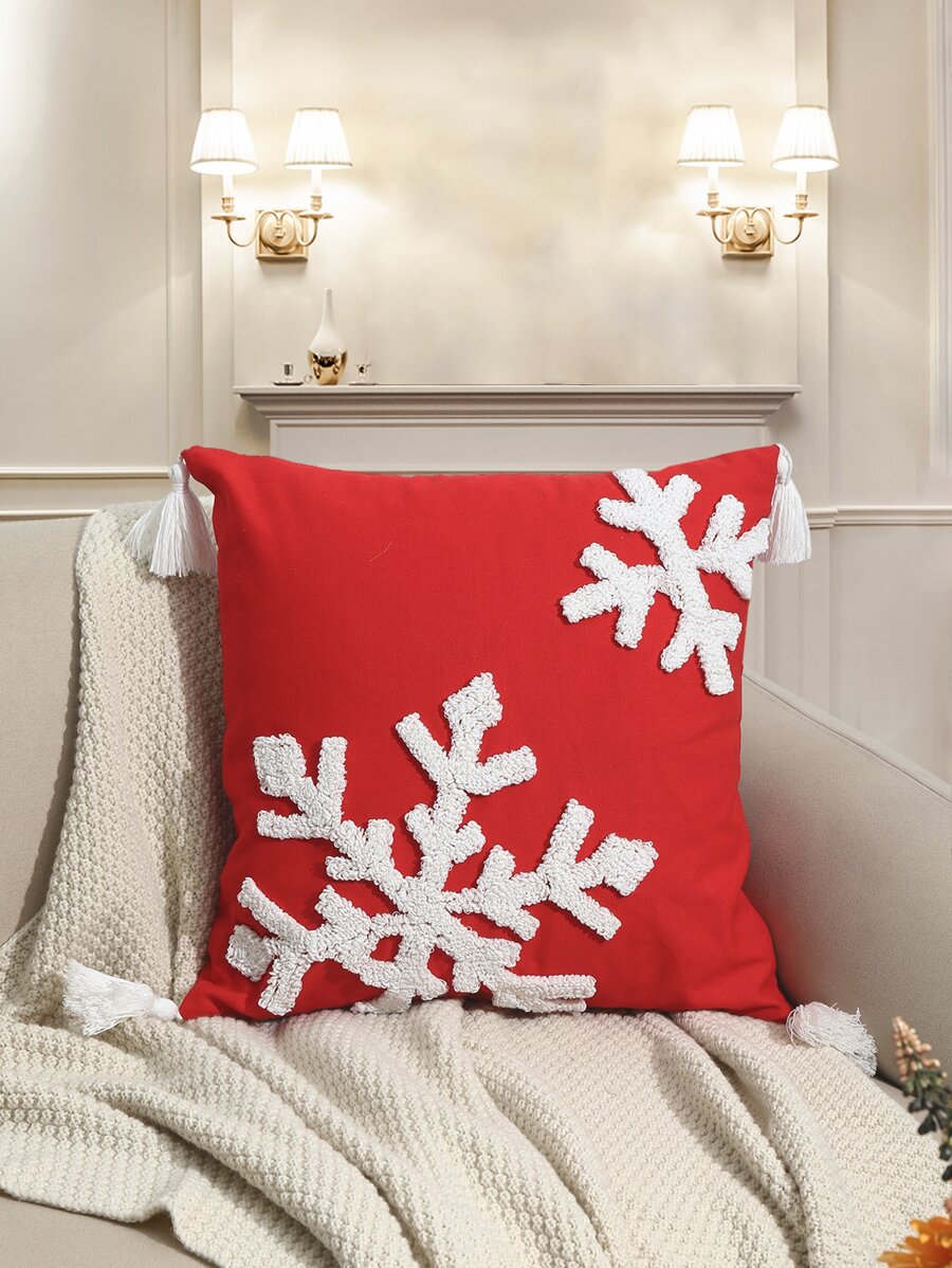 Christmas Snowflake Embroidered Tassel Decor Cushion Cover Without Filler - Multicolor - View 1