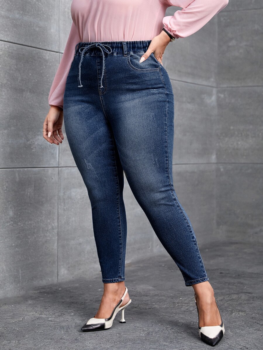 SHEIN Essnce Quần Denim kích thước lớn Dây kéo Túi màu trơn - Rửa tối - Xem 1