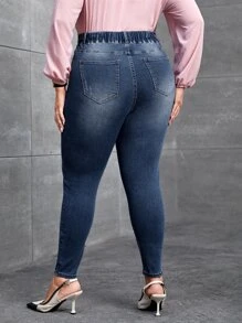 SHEIN Essnce Quần Denim kích thước lớn Dây kéo Túi màu trơn - Rửa tối - Xem 2