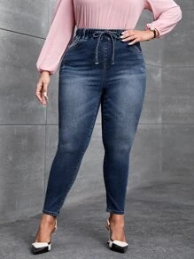 SHEIN Essnce Quần Denim kích thước lớn Dây kéo Túi màu trơn - Rửa tối - Xem 3