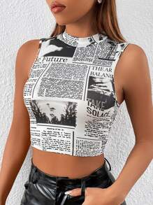SHEIN EZwear Áo hai dây Slogan Giải trí - Đen và trắng - Xem 5