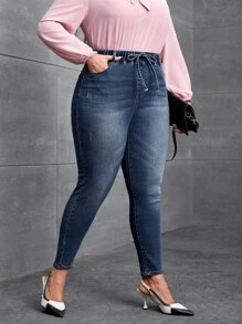 SHEIN Essnce Quần Denim kích thước lớn Dây kéo Túi màu trơn - Rửa tối - Xem 4