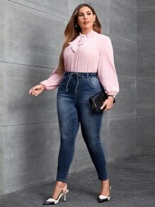 SHEIN Essnce Quần Denim kích thước lớn Dây kéo Túi màu trơn - Rửa tối - Xem 5