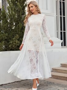 蕾絲覆蓋舞會連衣裙 - 白色 - 查看 1