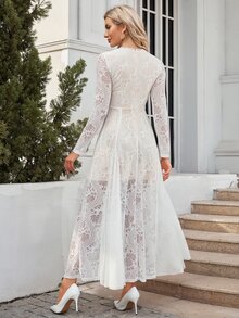 蕾絲覆蓋舞會連衣裙 - 白色 - 查看 2