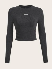 SHEIN EZwear Áo thun nữ Đắp vá màu trơn Giải trí - Màu xám đen - Xem 1