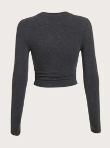 SHEIN EZwear Áo thun nữ Đắp vá màu trơn Giải trí - Màu xám đen - Xem 2