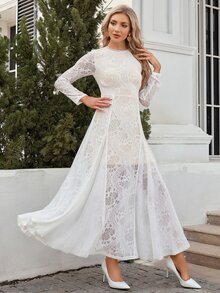 蕾絲覆蓋舞會連衣裙 - 白色 - 查看 4