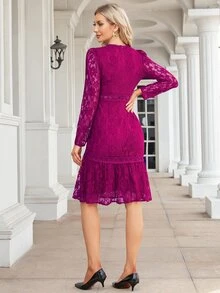 Vestido de cuello V bajo con fruncido con encaje - Rojo violeta - Ver 2