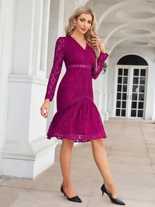 Vestido de cuello V bajo con fruncido con encaje - Rojo violeta - Ver 3