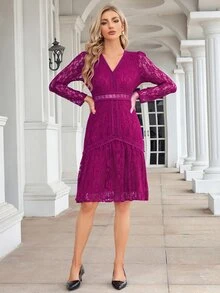 Vestido de cuello V bajo con fruncido con encaje - Rojo violeta - Ver 5