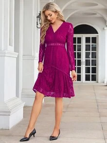 Vestido de cuello V bajo con fruncido con encaje - Rojo violeta - Ver 8