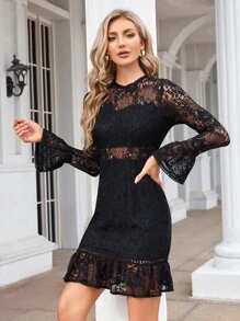Flounce Sleeve Ruffle Hem Lace Dress