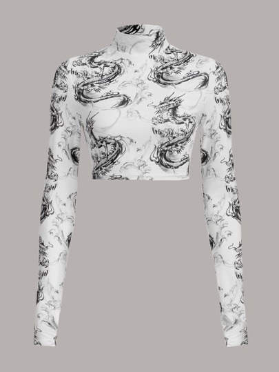SHEIN ICON Camiseta Recortada De Primavera Con Cuello Falso Con Estampado De Dragón Chino Y Agujeros Para Los Pulgares