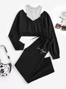 Muchica Bộ đồ hai mảnh nữ Cắt ra Dây kéo Túi Khối Màu Lá thư Giải trí - màu đen - Xem 1