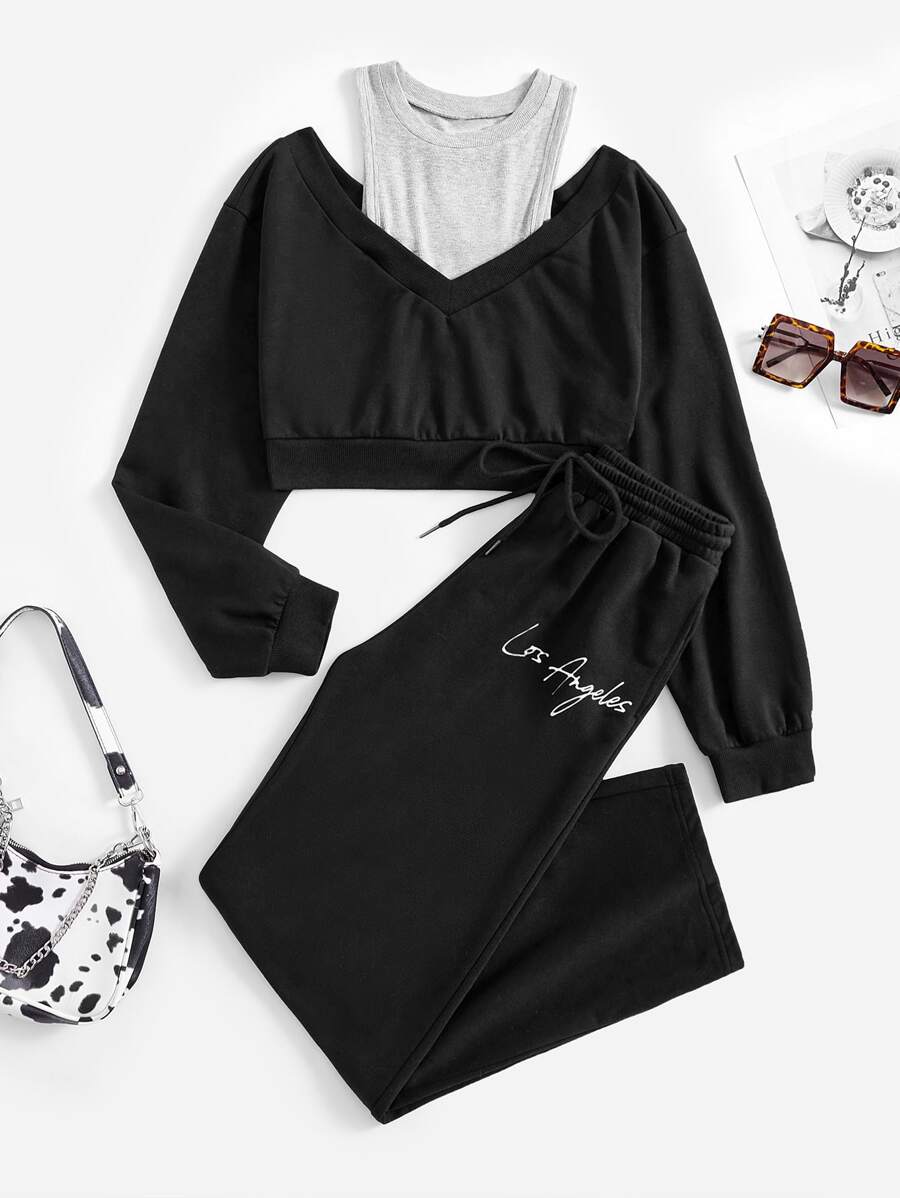 Muchica Bộ đồ hai mảnh nữ Cắt ra Dây kéo Túi Khối Màu Lá thư Giải trí - màu đen - Xem 1