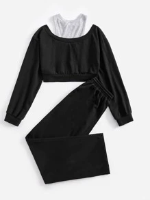 Muchica Bộ đồ hai mảnh nữ Cắt ra Dây kéo Túi Khối Màu Lá thư Giải trí - màu đen - Xem 2