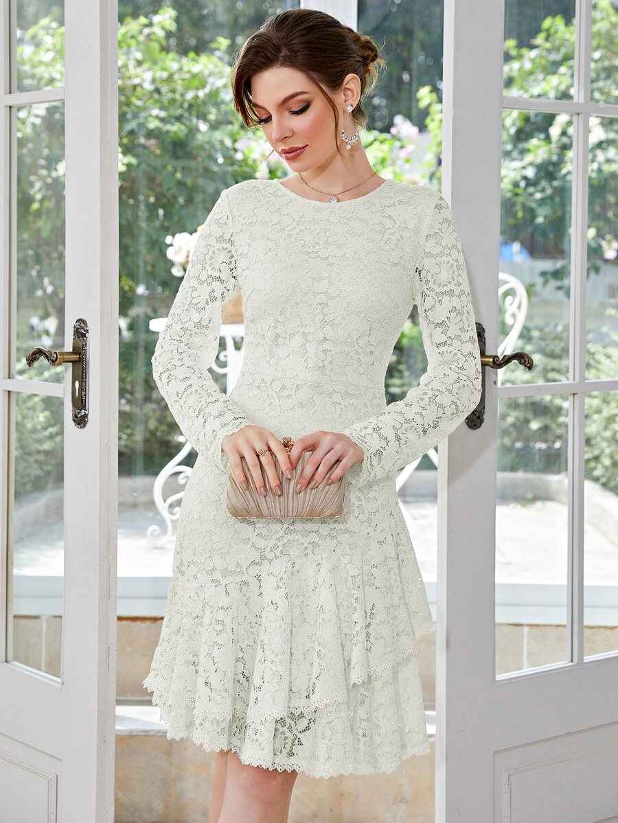 Ruffle Hem Lace Dress - White - View 1