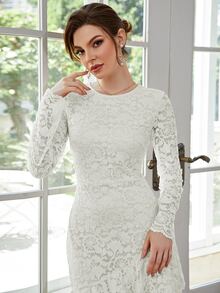 Ruffle Hem Lace Dress - White - View 3