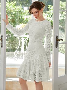 Ruffle Hem Lace Dress - White - View 4