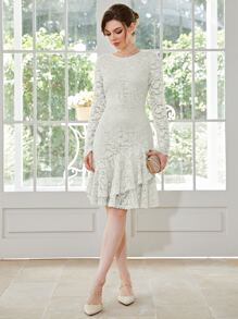 Ruffle Hem Lace Dress - White - View 5
