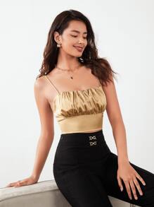 BizChic Ruched Bust Satin Crop Cami Top - Khaki - View 1