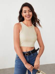 BizChic Solid Crop Tank Top Workwear - Krem - View 7