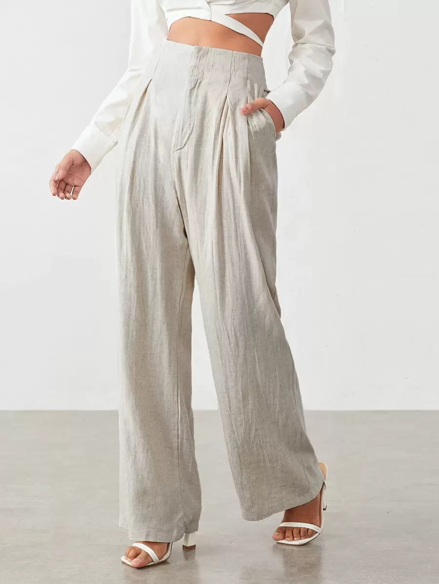 BizChic Slant Pocket Wide Leg Trousers - Beige - View 1