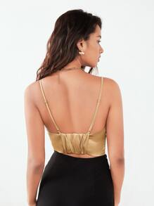 BizChic Ruched Bust Satin Crop Cami Top - Khaki - View 2