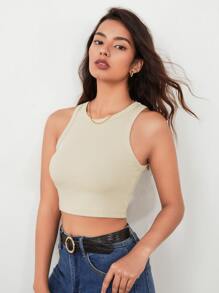 BizChic Solid Crop Tank Top Workwear - Krem - View 3