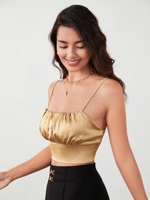BizChic Ruched Bust Satin Crop Cami Top - Khaki - View 5