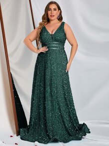 Faeriesty Váy dạ hội chữ A hở lưng chữ V sâu, cổ chữ V nhỏ dành cho nữ - Hoàn hảo cho tiệc tối trang trọng, tiệc cưới, sự kiện thảm đỏ, tiệc sang trọng và chụp ảnh cưới - Màu xanh lá cây đậm - Xem 1