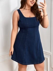 SHEIN Essnce Vestido mezclilla de cuello cuadrado con cremallera trasera - Azul lavado oscuro - Ver 1