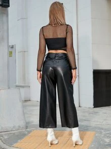Slant Pocket Cropped PU Leather Trousers - Black - View 2