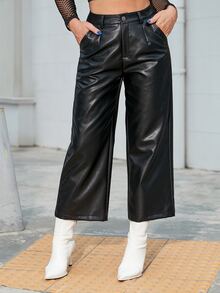 Slant Pocket Cropped PU Leather Trousers - Black - View 5