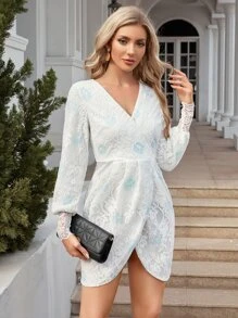 Guipure Lace Insert Wrap Hem Dress - White - View 1