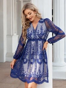 Floral Embroidery Mesh Overlay Scallop Trim Dress - Blue and White - View 1