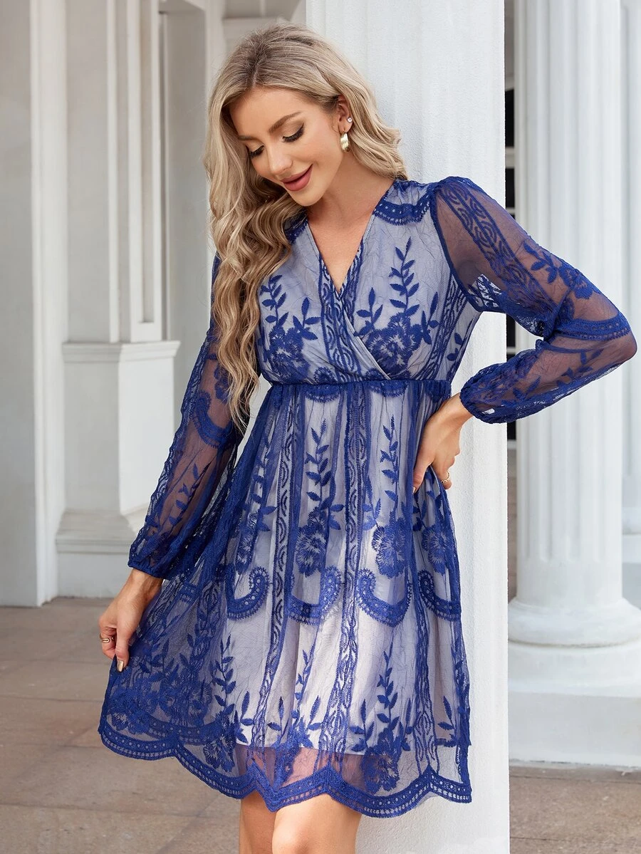 Floral Embroidery Mesh Overlay Scallop Trim Dress - Blue and White - View 1