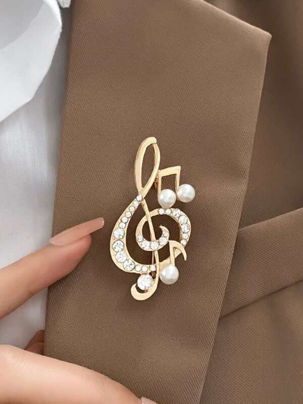 1pc Vintage Minimalist Luxurious Music Note Faux Pearl Rhinestone Brooch Pin, Suitable For Women's Daily Wear, Suit, Dress