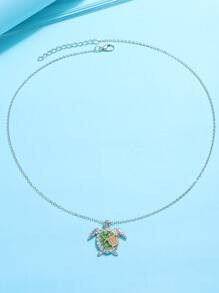Rhinestone Turtle Pendant Necklace - Silver - View 3