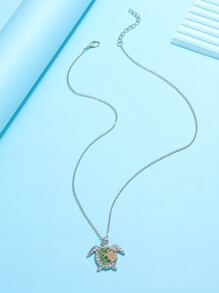 Rhinestone Turtle Pendant Necklace - Silver - View 4
