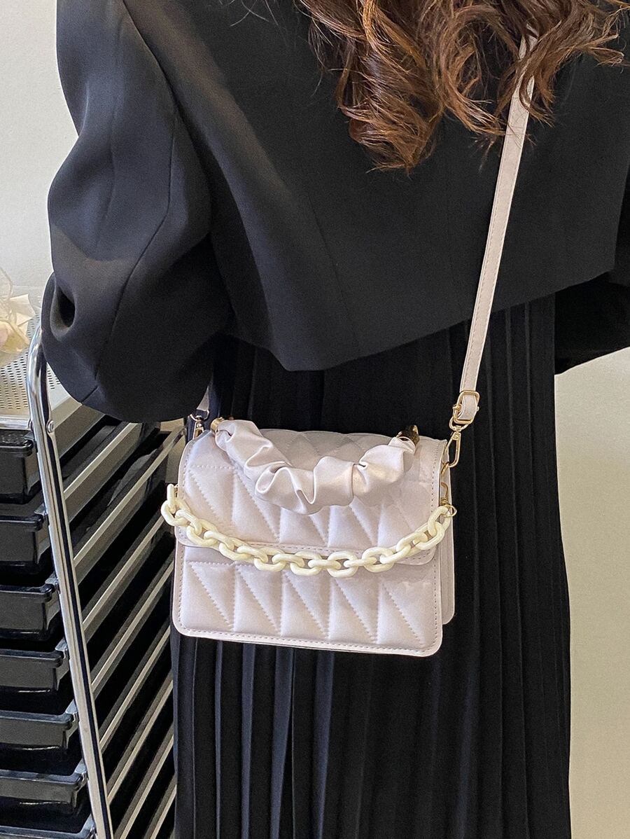 迷你衍縫鏈條裝飾方包 - 米色 - 查看 1