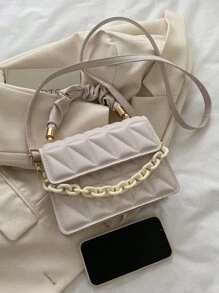 迷你衍縫鏈條裝飾方包 - 米色 - 查看 4