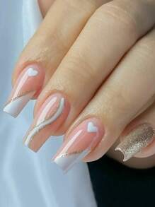 Get Glamorous With 24Pcs Long Coffin White Line Glitter Heart Print Fake Nail & 1Pc Nail File & 1Sheet Tape Press On Nails Nail Supplies Nails - Multicolor - View 1