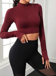 SHEIN Half Zip Thumb Holes Crop Sports Sweatshirt - Burgundy - View 5
